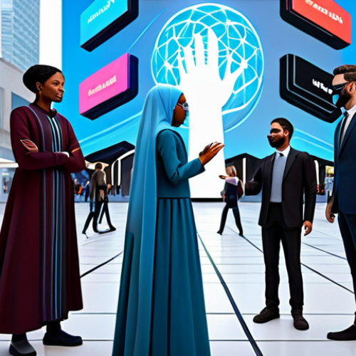 Home 4 A diverse group of professional individuals, depicted as sophisticated avatars, fully clothed in modest, culturally appropriate attire, naturally interacting within a bustling, futuristic metaverse city square. The scene features elements of virtual art installations and educational holographic displays. They exhibit perfect anatomy, correct proportions, well-formed hands, and proper finger count. The image is a high-resolution, professional photograph with soft, vibrant lighting, ensuring appropriate content, family-friendly, and safe for work.