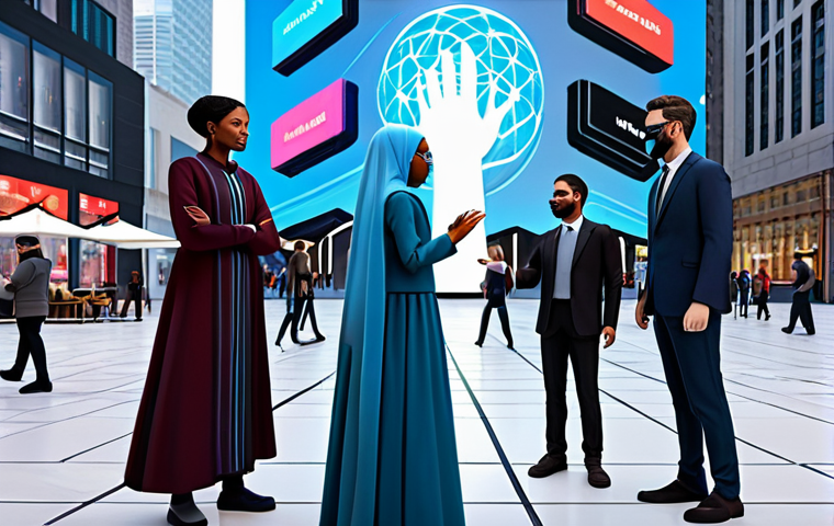 A diverse group of professional individuals, depicted as sophisticated avatars, fully clothed in modest, culturally appropriate attire, naturally interacting within a bustling, futuristic metaverse city square. The scene features elements of virtual art installations and educational holographic displays. They exhibit perfect anatomy, correct proportions, well-formed hands, and proper finger count. The image is a high-resolution, professional photograph with soft, vibrant lighting, ensuring appropriate content, family-friendly, and safe for work.