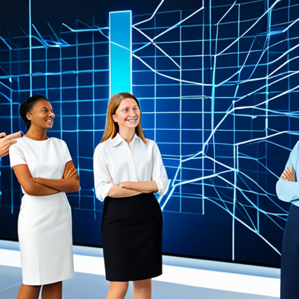 A diverse group of professional adults, fully clothed in modern business attire, collaborating actively around a large, interactive virtual display. The setting is a sleek, contemporary digital meeting space, surrounded by abstract, glowing lines and subtle global connectivity elements, suggesting a vast interconnected network. Their expressions are engaged and focused, fostering a sense of shared purpose and collective intelligence. The background is bright and minimalist, emphasizing the digital nature of their interaction. safe for work, appropriate content, fully clothed, professional, modest clothing, perfect anatomy, correct proportions, natural pose, well-formed hands, proper finger count, natural body proportions, high-quality digital illustration, vibrant colors.