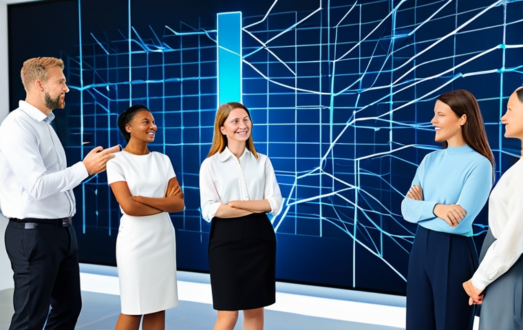 A diverse group of professional adults, fully clothed in modern business attire, collaborating actively around a large, interactive virtual display. The setting is a sleek, contemporary digital meeting space, surrounded by abstract, glowing lines and subtle global connectivity elements, suggesting a vast interconnected network. Their expressions are engaged and focused, fostering a sense of shared purpose and collective intelligence. The background is bright and minimalist, emphasizing the digital nature of their interaction. safe for work, appropriate content, fully clothed, professional, modest clothing, perfect anatomy, correct proportions, natural pose, well-formed hands, proper finger count, natural body proportions, high-quality digital illustration, vibrant colors.