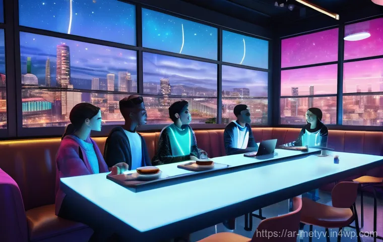 메타버스 커뮤니티와 개인 경험의 가치 - **Prompt for Virtual Friends in a Metaverse Cafe:**
"A diverse group of young adults, fully and ...