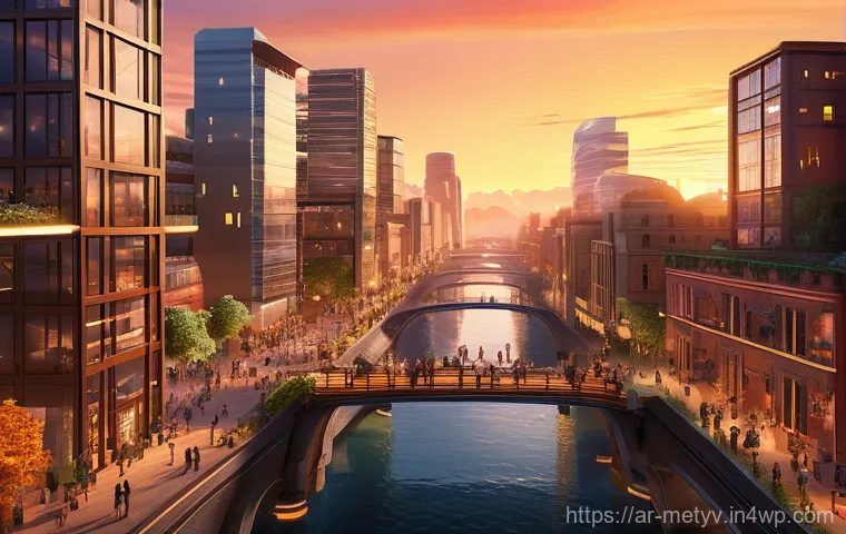 메타버스에서의 친구 추천 알고리즘 이해 - **"A visually stunning metaverse cityscape at sunset, bathed in warm, inviting hues. In the foregrou...