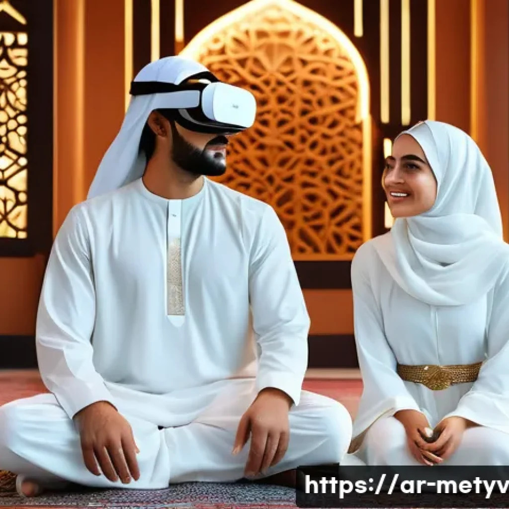 가상 현실에서의 커뮤니티의 역할 탐구 - A vibrant virtual reality social community scene featuring diverse Arabic men and women wearing mode...