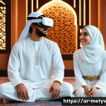 Home 19 가상 현실에서의 커뮤니티의 역할 탐구 - A vibrant virtual reality social community scene featuring diverse Arabic men and women wearing mode...