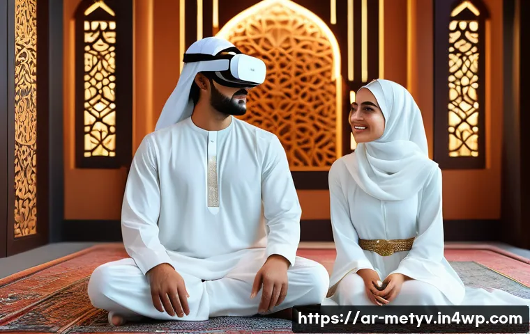 가상 현실에서의 커뮤니티의 역할 탐구 - A vibrant virtual reality social community scene featuring diverse Arabic men and women wearing mode...