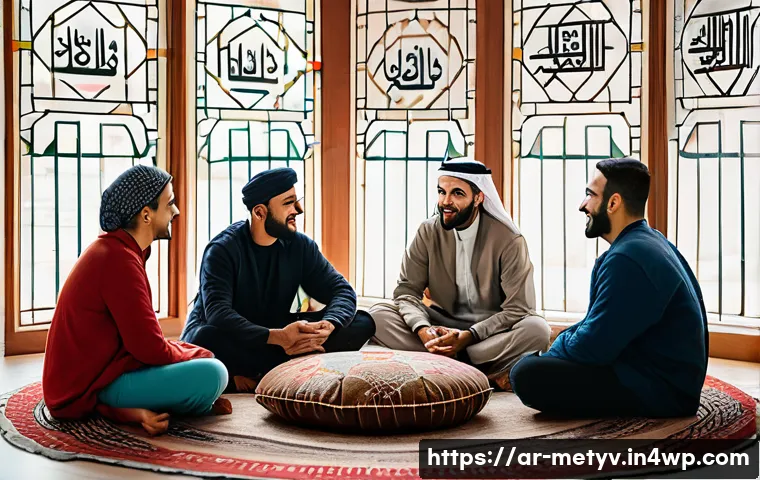 커뮤니티 참여를 통한 정서적 지지 얻기 - A diverse group of Middle Eastern adults engaging in a warm, heartfelt conversation in a cozy, moder...