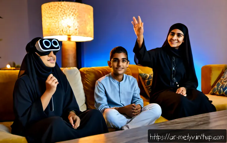 Home 17 가상 현실 커뮤니티의 윤리적 측면 - Photorealistic modern Gulf Arab family living room during evening, a diverse group of young Arab adu...