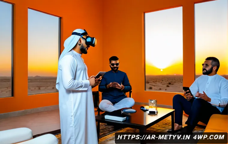 Home 30 메타버스 커뮤니티의 트렌드 분석 - Photorealistic modern Gulf Arab community gathering in a bright contemporary majlis lounge, diverse ...