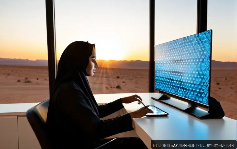 Home 17 가상 세계에서의 디지털 자산 관리 - Photorealistic Middle Eastern professional in modest contemporary attire managing digital assets thr...