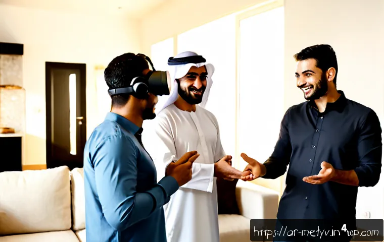 Home 17 가상 현실에서의 소셜 상호작용 사례 - Photorealistic Arab family socializing in a warm modern living room, three adults wearing modest con...
