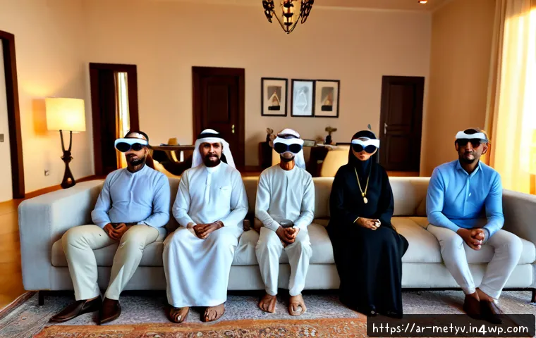 메타버스에서의 문화적 다양성 인식 - Photorealistic wide scene of a multigenerational Arab family in a warm contemporary living room usin...