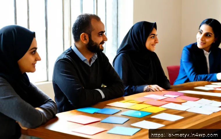 커뮤니티 피드백 수집과 활용법 - Photorealistic community feedback workshop in a contemporary Middle Eastern co-working space, divers...